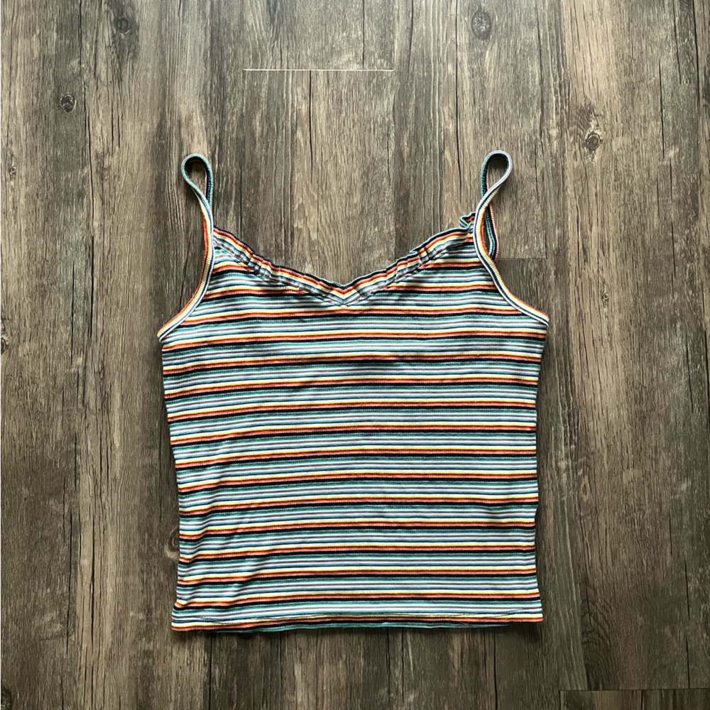 Active USA Rainbow Striped Ruffled V-Neck Cropped Tank Sz M